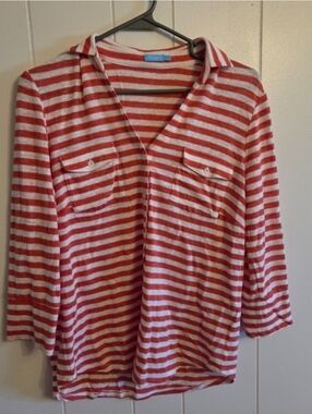 J McLaughlin Womens Top Small Orange White Stripe Knit Linen Blend Long Sleeve